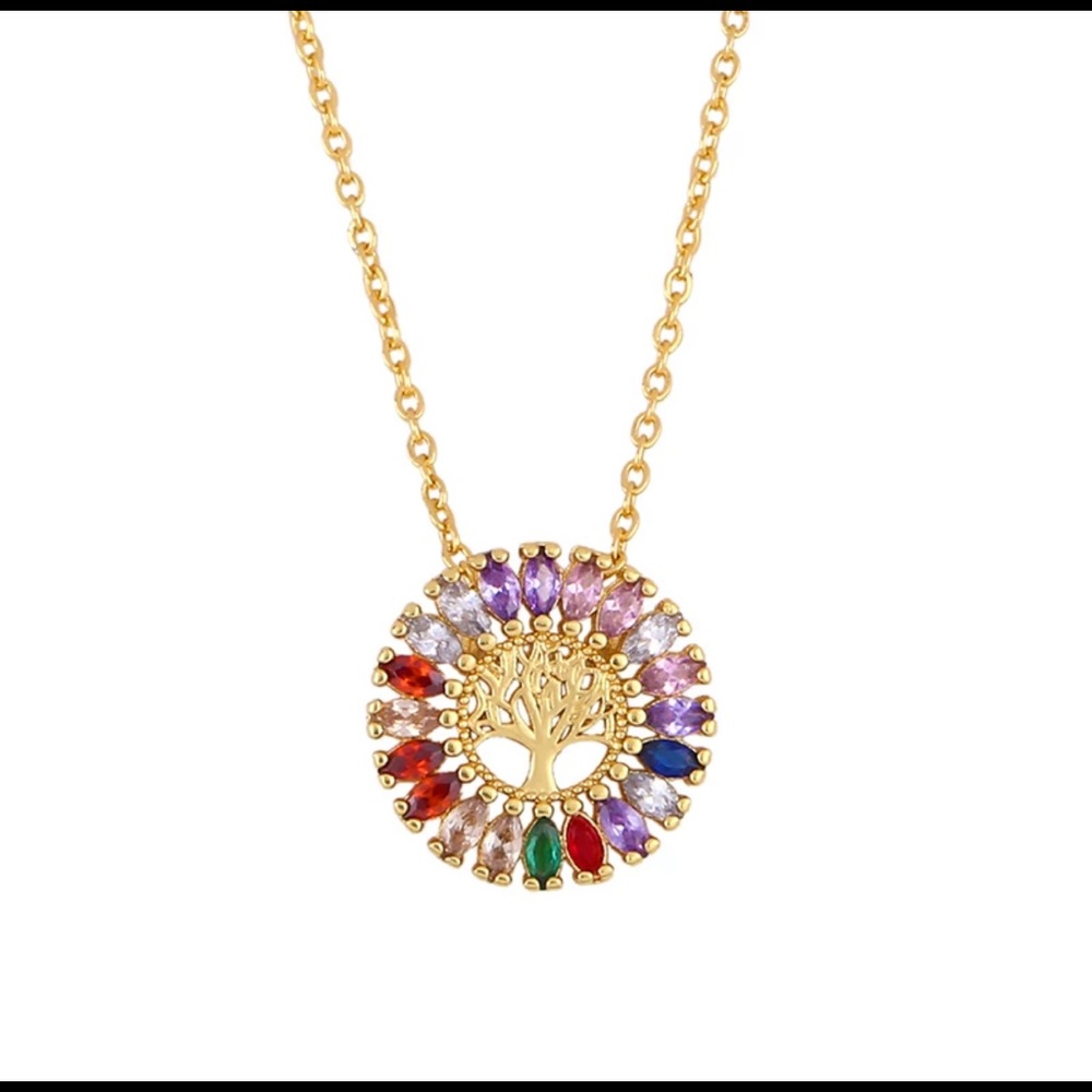 Bling Rainbow Rhinestones Tree Of Life Necklace